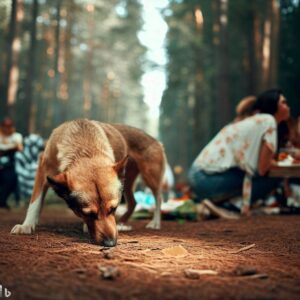 a dog smelling the floor in the forest in horizontal ratio , in the background people making picnic